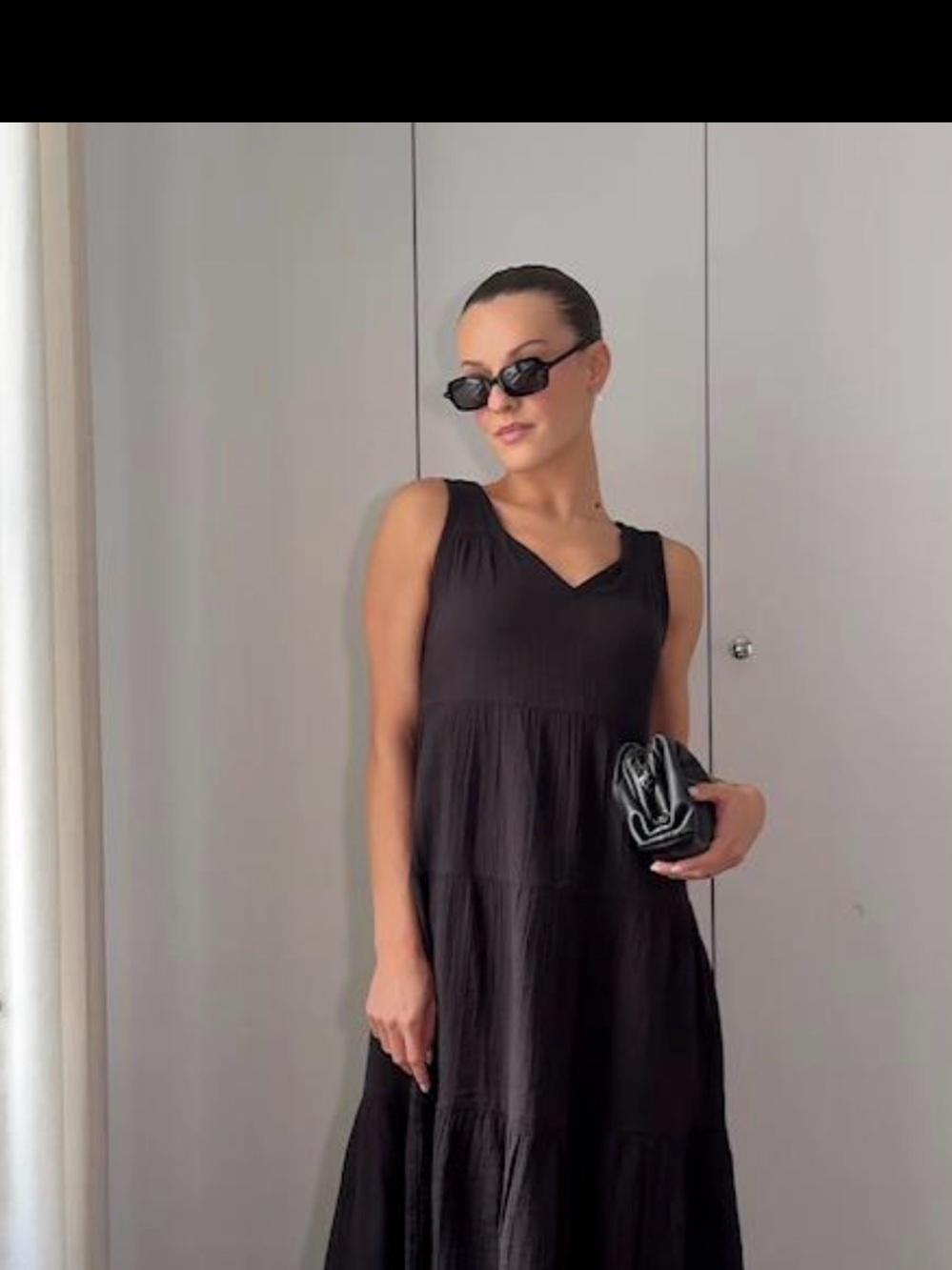 Quince Black Tiered V-Neck Sleeveless Dress